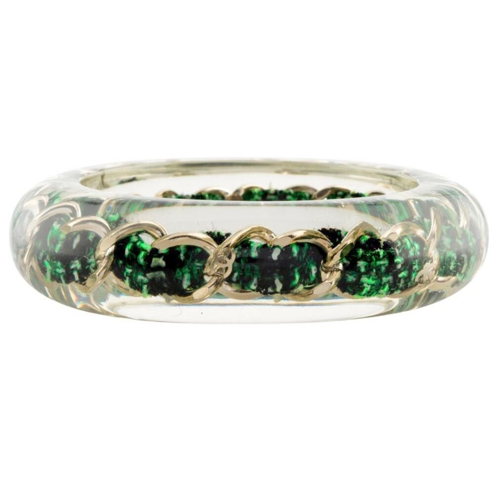 AUTH 2014 CHANEL Clear Resin Lucite Green Tweed Gold Chain Logo Bangle Bracelet